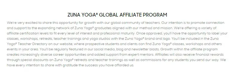 zuna yoga affiliate signup page