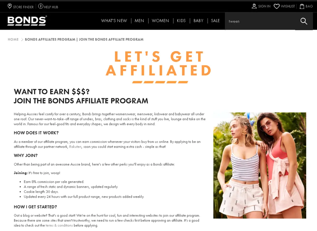 This is a screenshot of the Bonds affiliate information page for Australian bloggers in the fashion niche.