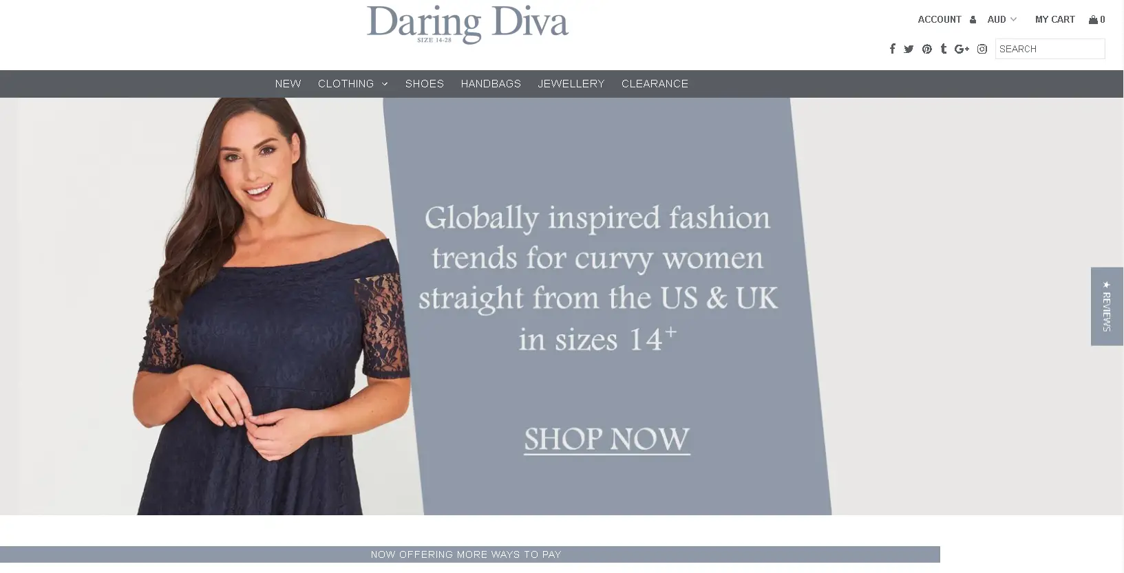 This is a screenshot of Daring Diva's website. They cater to plus sized women's fashion and have an affiliate program you can use to refer new customers. 