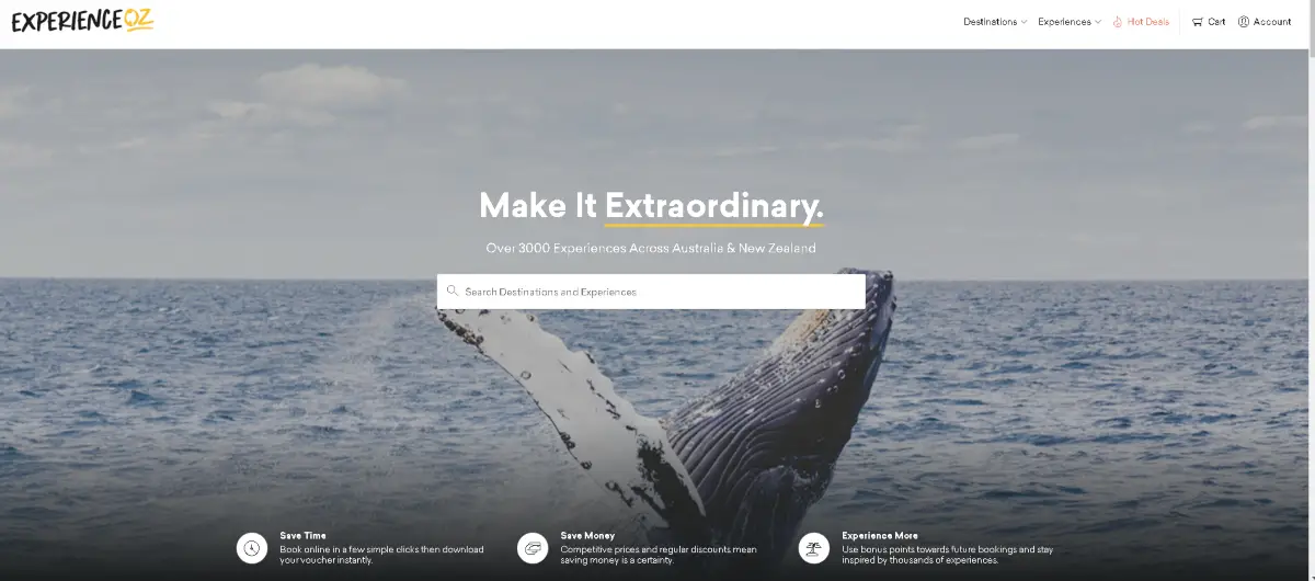 This is a screenshot of Experience Oz website. They provide adventure experiences and various other memorable day trips throughout Australia and New Zealand. 
