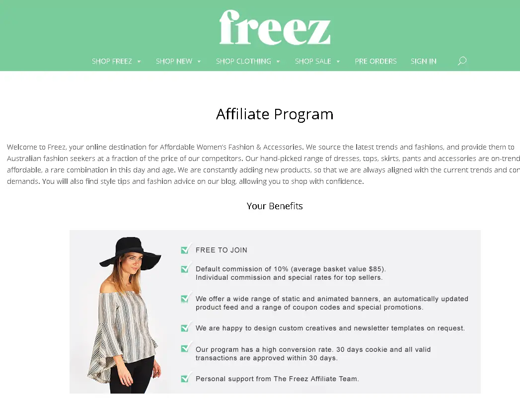 Screenshot of Freez.com.au affiliate information page. 