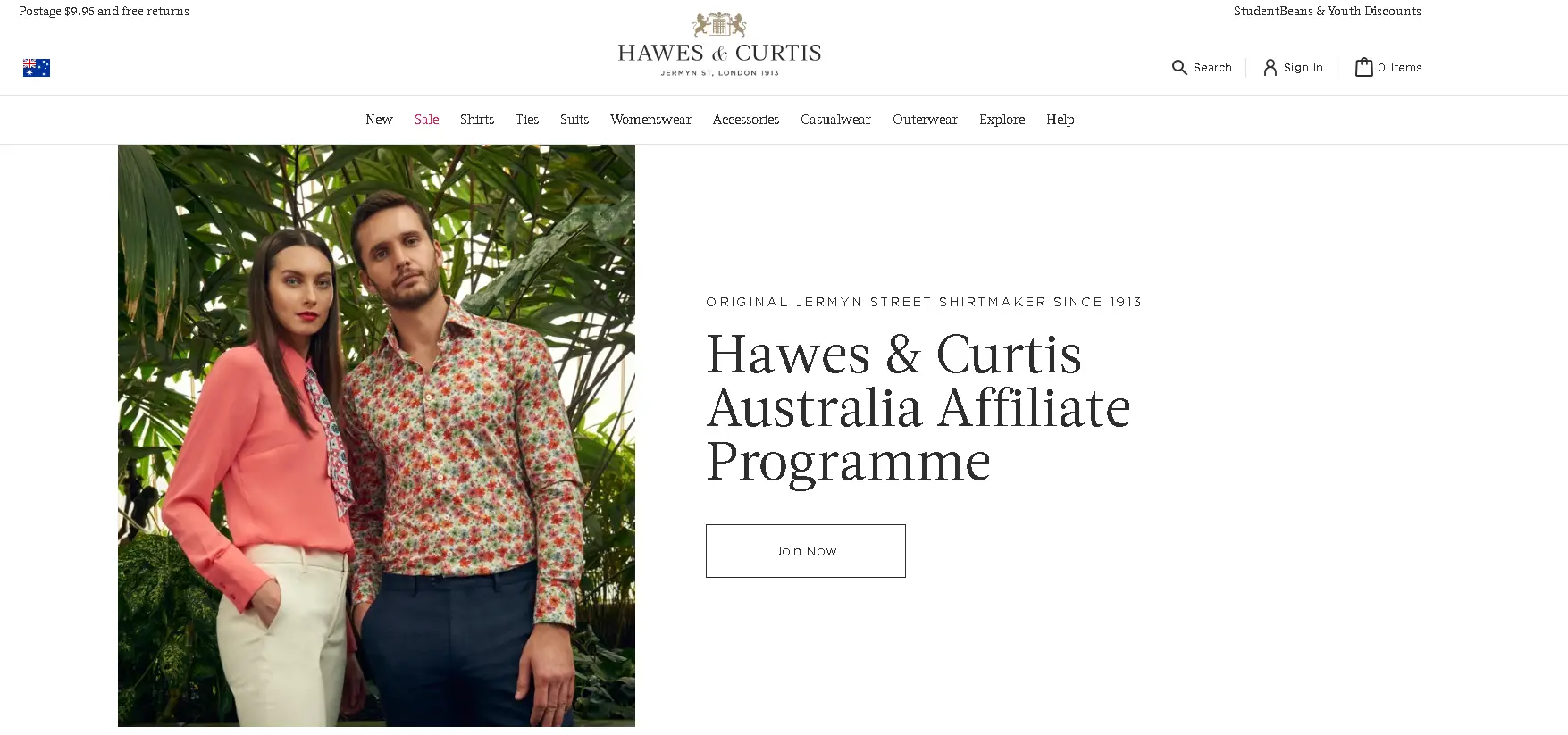 This is screen of the Hawes & Curtis website with a photo of the couple who run the business announcing their affiliate program. 