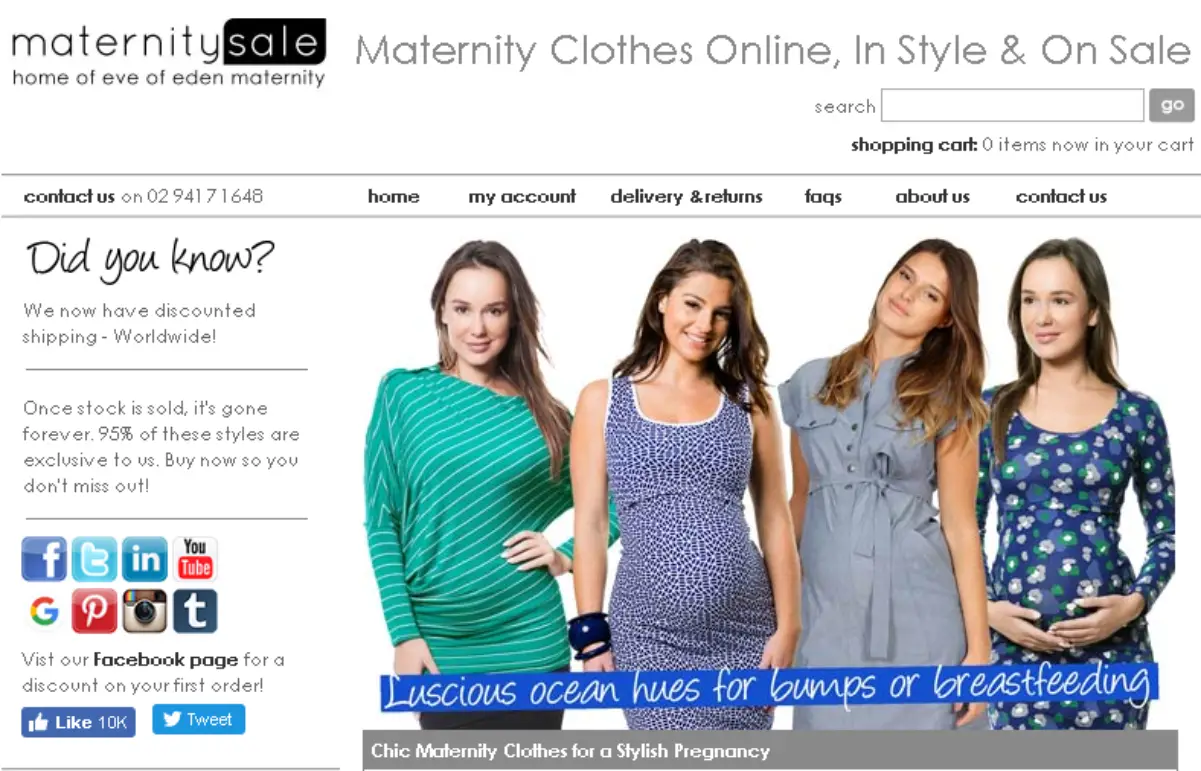 MaternitySale.com import maternity wear from around the globe, selling at discount prices to the Australian market.  This is a screenshot of the website where affiliates refer new customers. 