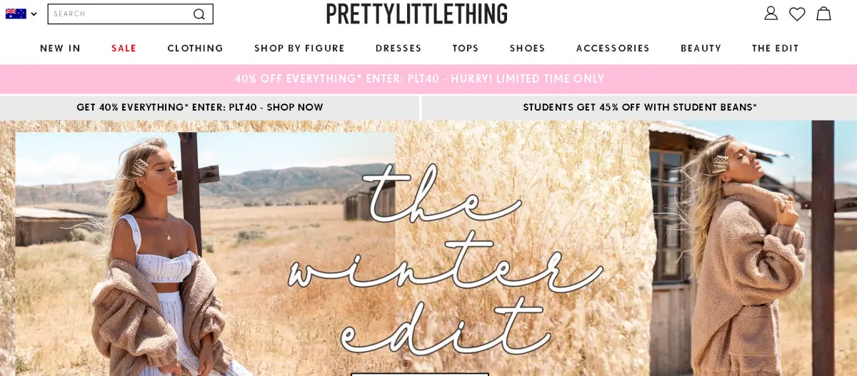 This is screenshot of the Pretty Little Thing Australian fashion store online. 