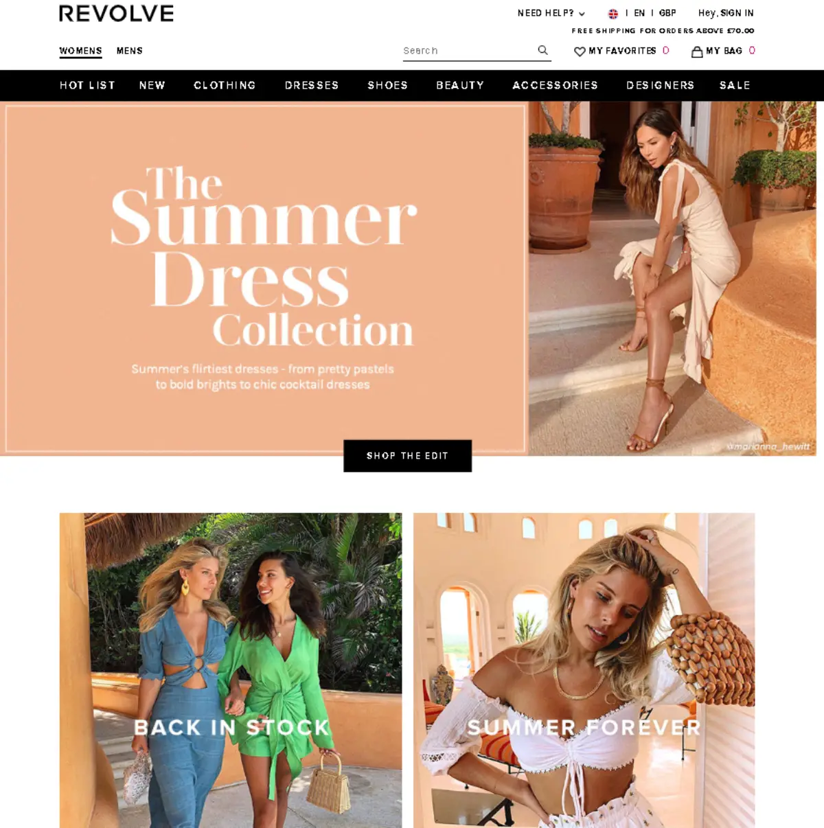 Screenshot taken of the Revolve Clothing website for Australia. 