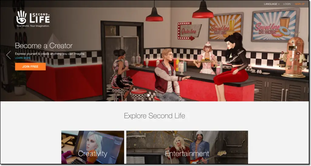 screenshot of the second life home page showing a group of teens in a milk shake shop designed like the 50's