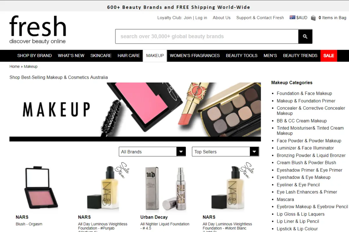 Screenshot of the makeup category page on Australian cosmetic retailer website - FragrancesandCosmetics.com.au