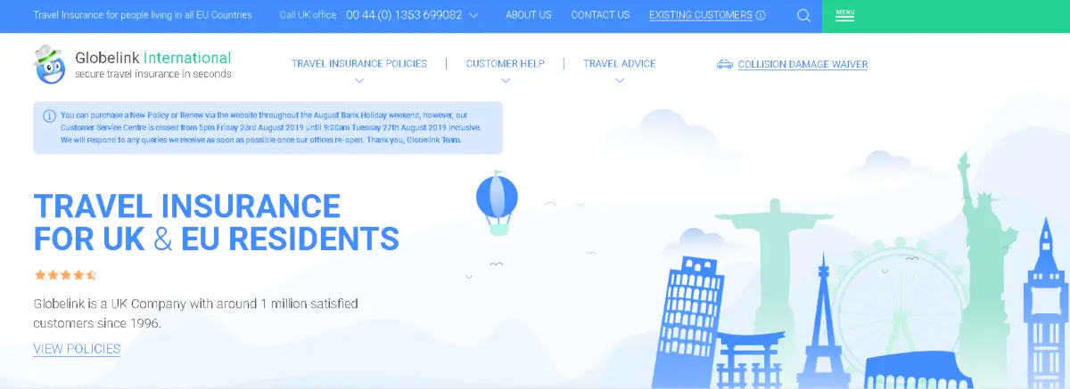 Screenshot of the Globlelink Travel Insurance website for Britain and EU tourism coverage