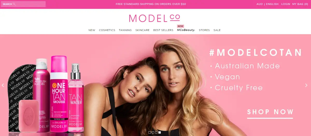 Screenshot of Model Co Australia, a cosmetics brand with an affiliate program letting website owners earn commissions by promoting Australian made, Vegan-friendly and cruelty-free makeup products. 