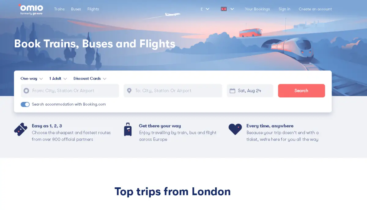 Screenshot of the Omio travel website showing their booking engine affiliates can use to let site visitors book coach tickets, flights and train tickets.