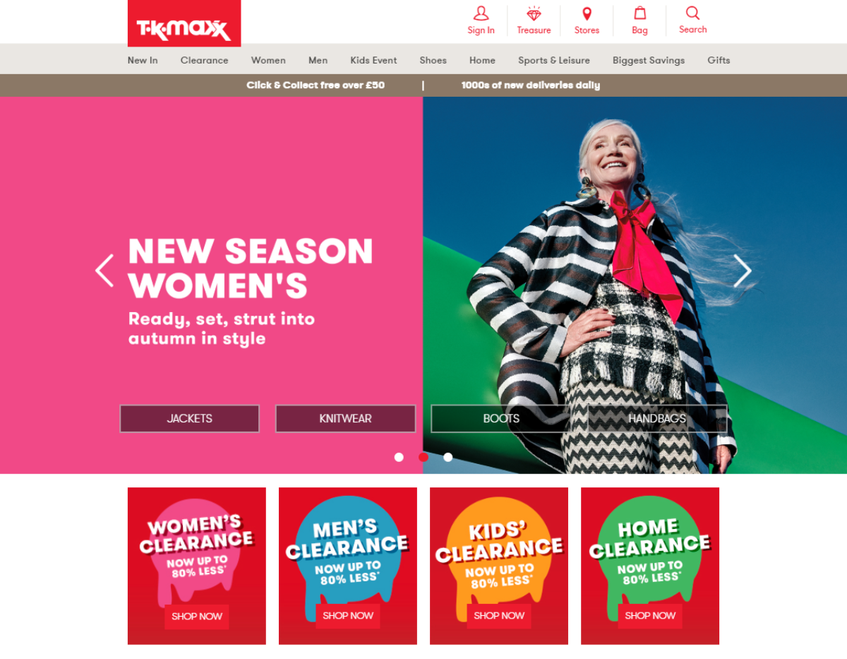 Screenshot of the TK Maxx homepage showing the various fashion categories they have. TK Maxx are a UK discount retailer with most designer label items sold at 60% of RRP. 
