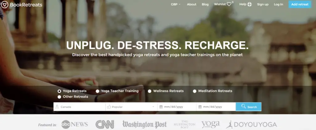 Screenshot of the Book Retreats homepage displaying their tagline - unplug, de-stress and recharge followed by a search bar to find a relaxing retreat. Over a dozen are available in Canada.