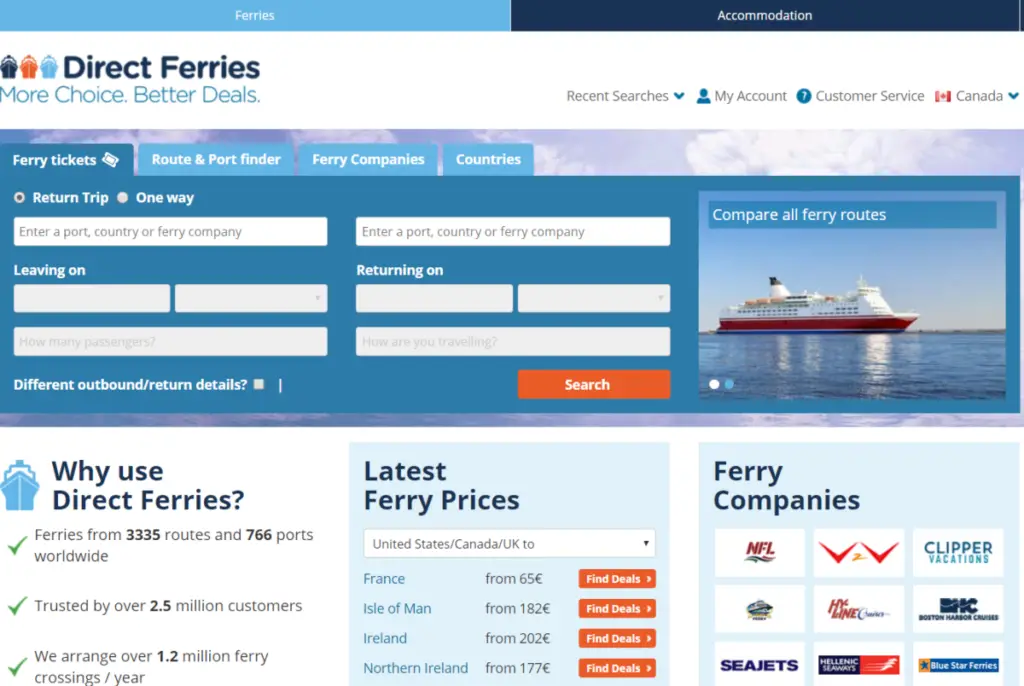 Screenshot of the Direct Ferries website, which is a booking engine for ferry tickets covering all the major ferry operators across Canada