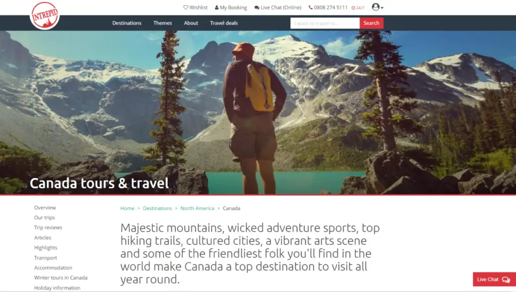 Screenshot of the Canada tour category page on Intrepid Travel's website