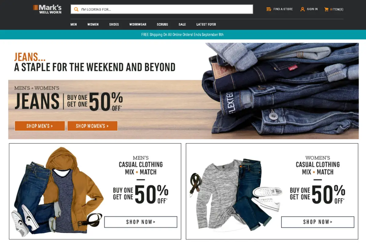 This is a screenshot of the marks.com website showing lots of denim and casual clothing choices for men and women.