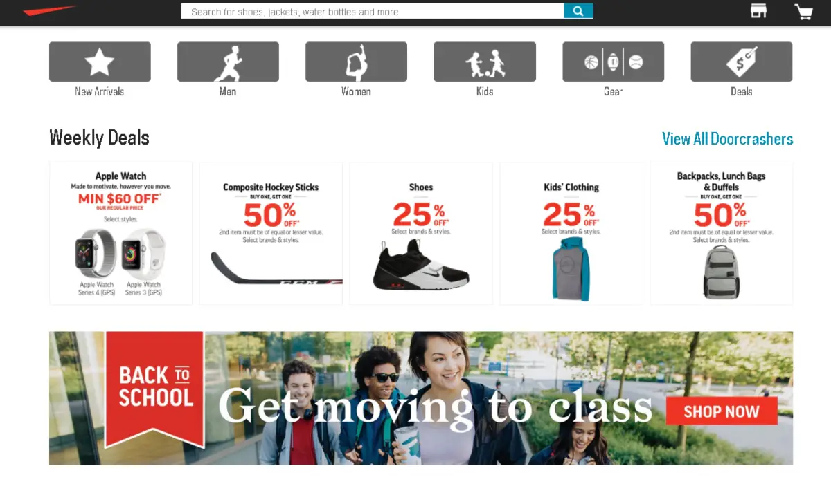 This is a screenshot the Sportchek.ca homepage with some promotions for back to school on their kids range. 