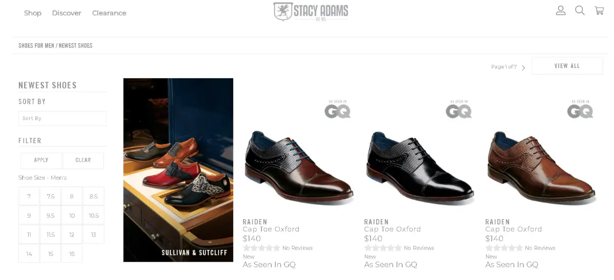 The image shows a screenshot of stacyadams.ca. A canadian shoe store for men's dress shoes. 