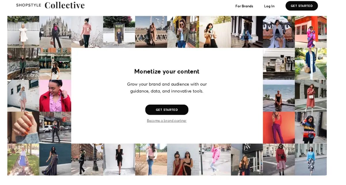 This image is a screenshot of Shop Style Collective Canada showing a collage of women's fashion styles with a message for bloggers to partner for content monetization. 