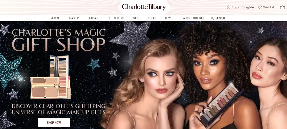 This is a screenshot taken from the Charlotte Tilbury official website showing the range of glittering makeups available in Charlotte's Magic Gift Shop