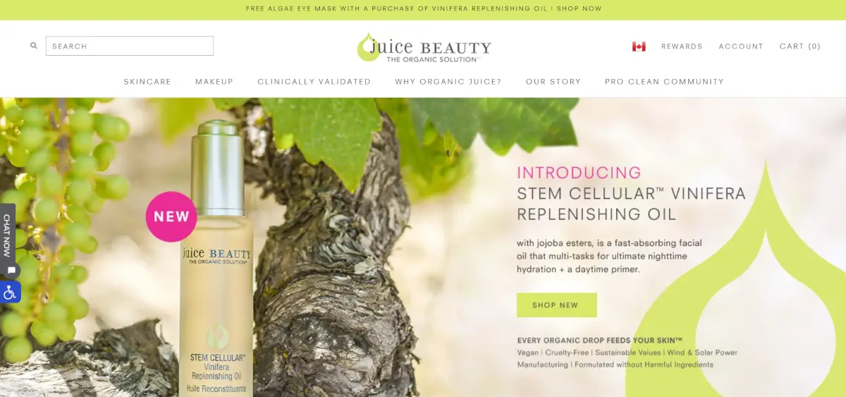 Screenshot of the JuiceBeauty.com home page showing various categories of skincare products available, all made with organic ingredients