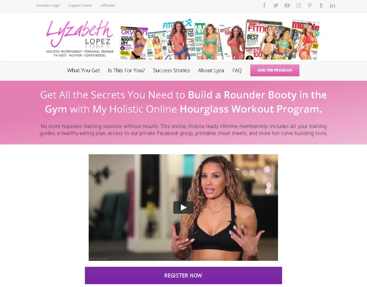 This is a screenshot of the Train with Lyzabeth website by Canadian personal trainer, Lyzabeth Lopez where she has a video discussing her signature Hourglass Workout program.