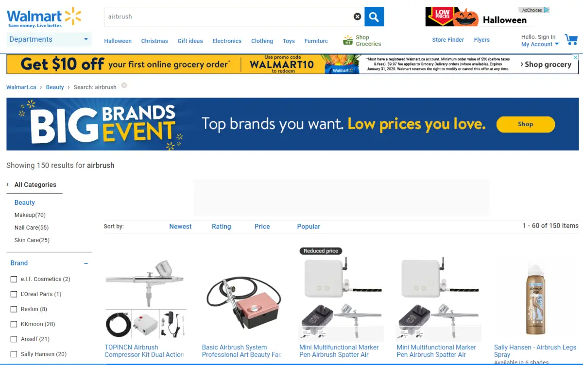 This is a screenshot showing a selection of airbrush equipment, makeup and leg sprays listed on Walmart.ca. 