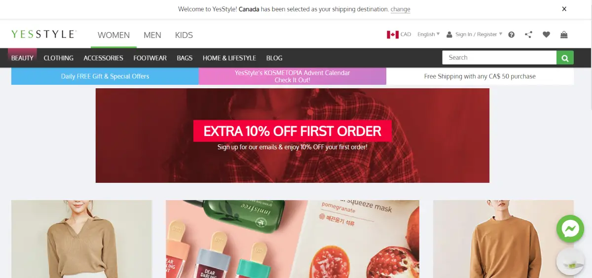 Screenshot of the YesStyle home page showing free shipping in Canada when customers order  of beauty products
