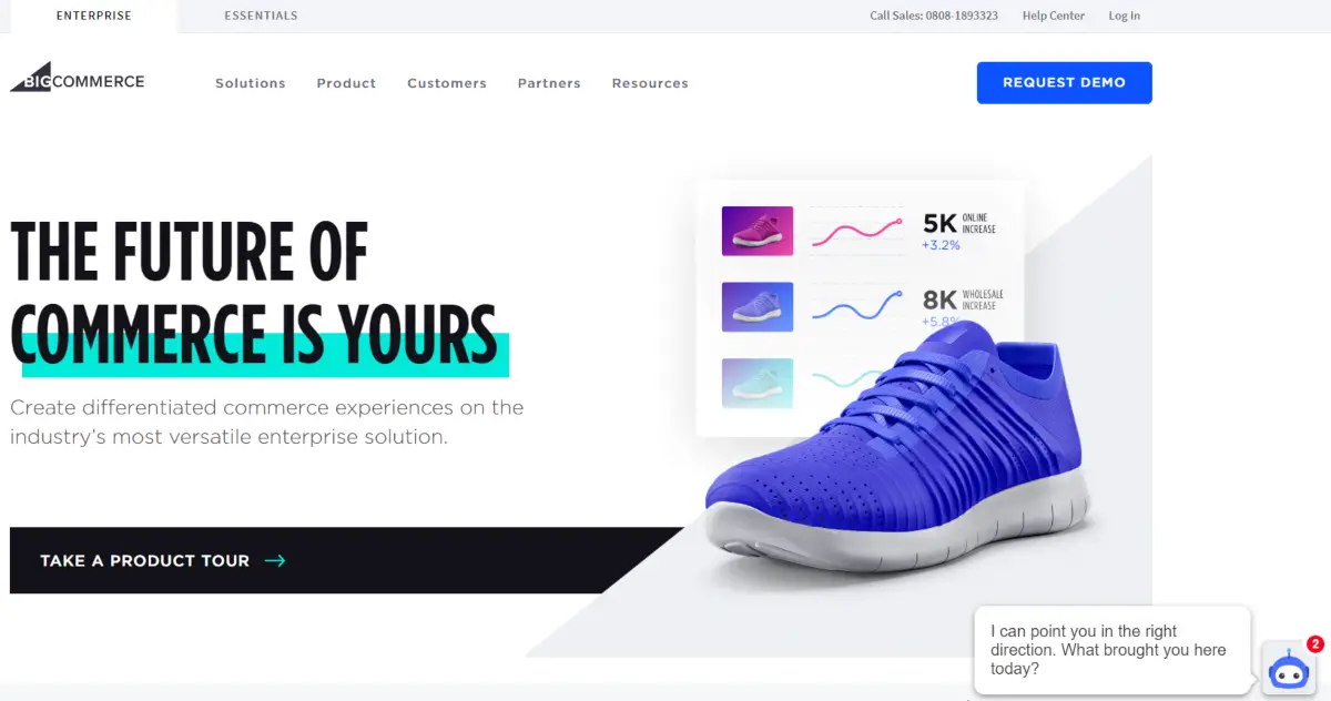 This is a screenshot of the Big Commerce home page of their website showing their core service is ecommerce with various marketing automation solutions to help online sellers make more sales. 