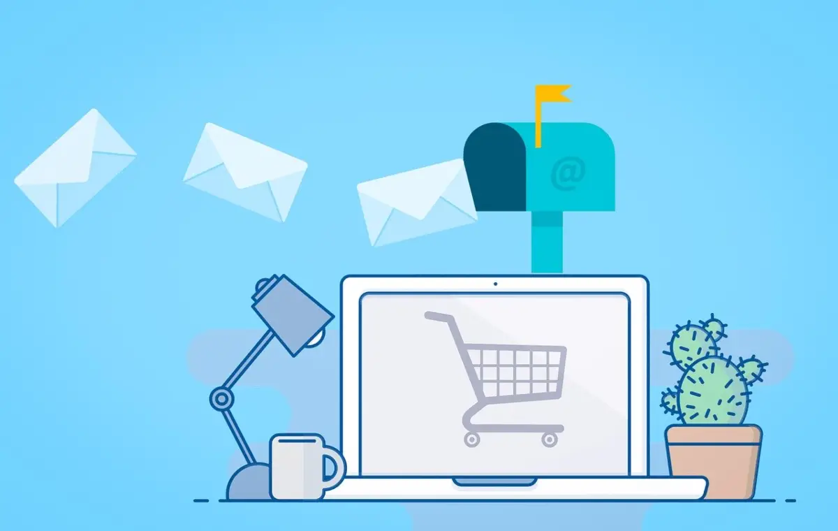 Picture shows an image of a laptop with a shopping cart on the screen, a traditional mailbox above it with a few email icons floating towards the inbox. The concept of the photo is to show the relationship between online shopping and reaching customers inboxes with email marketing.