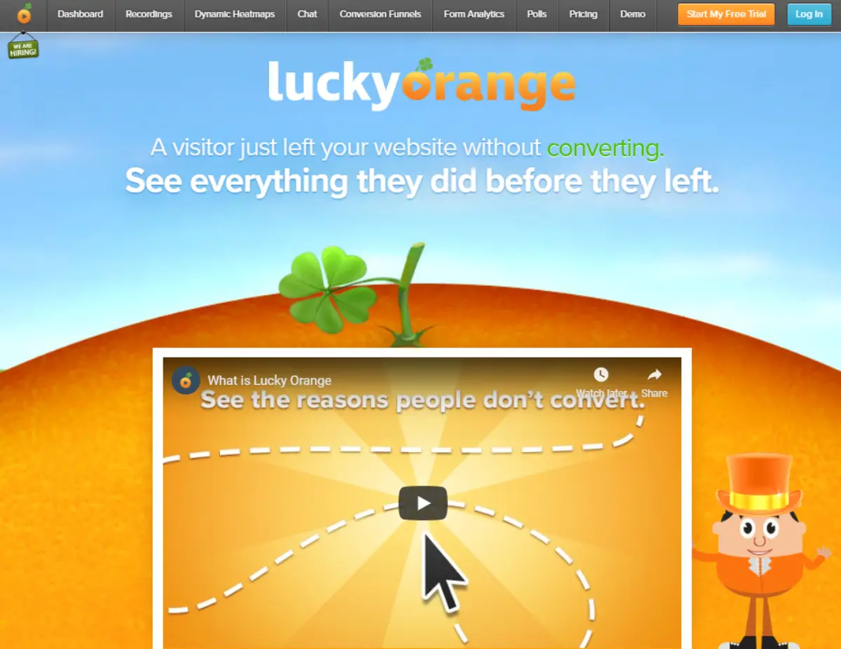 This image is a screenshot taken from the Lucky Orange website showing that it's a tool for website owners to understand the actions taken on sites to help convert leads into signups. 