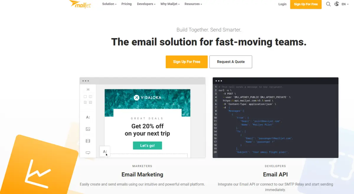 This is a screenshot of the Mailjet.com website showing it's an email solution for fast-moving teams as it enables team collaboration in real-time for creating email newsletters. 