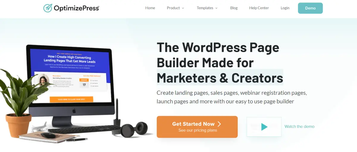 This is a screenshot of the Optimize Press landing page showing it's a WP Plugin for marketers that's been made by creators to help make building landing pages easier and ones that are more effective. 