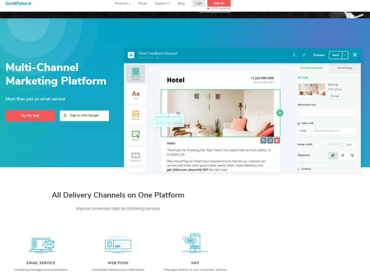 This is a screenshot of the Send Pulse website showing an image of a website dashboard for a hotel with a heading that reads "Multi-Channel Marketing Platform". 