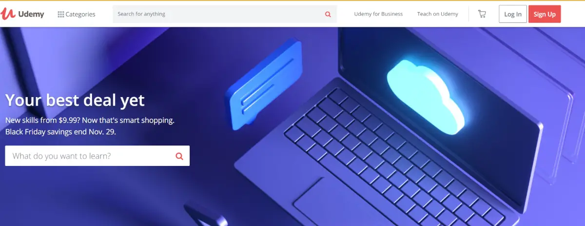 This a screenshot taken of the Udemy.com website showing one of their many sales, this one being for the more recent Black Friday deals to learn new skills for less. 