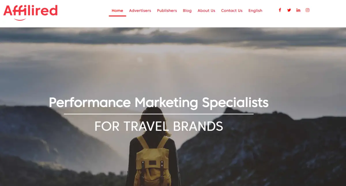 This is a screenshot taken from the Affilired.com website showing they are Performance Marketing Specialists and they have a publisher program for affiliates to earn by helping them promote any of their clients in the travel industry, many of which are hotel brands.