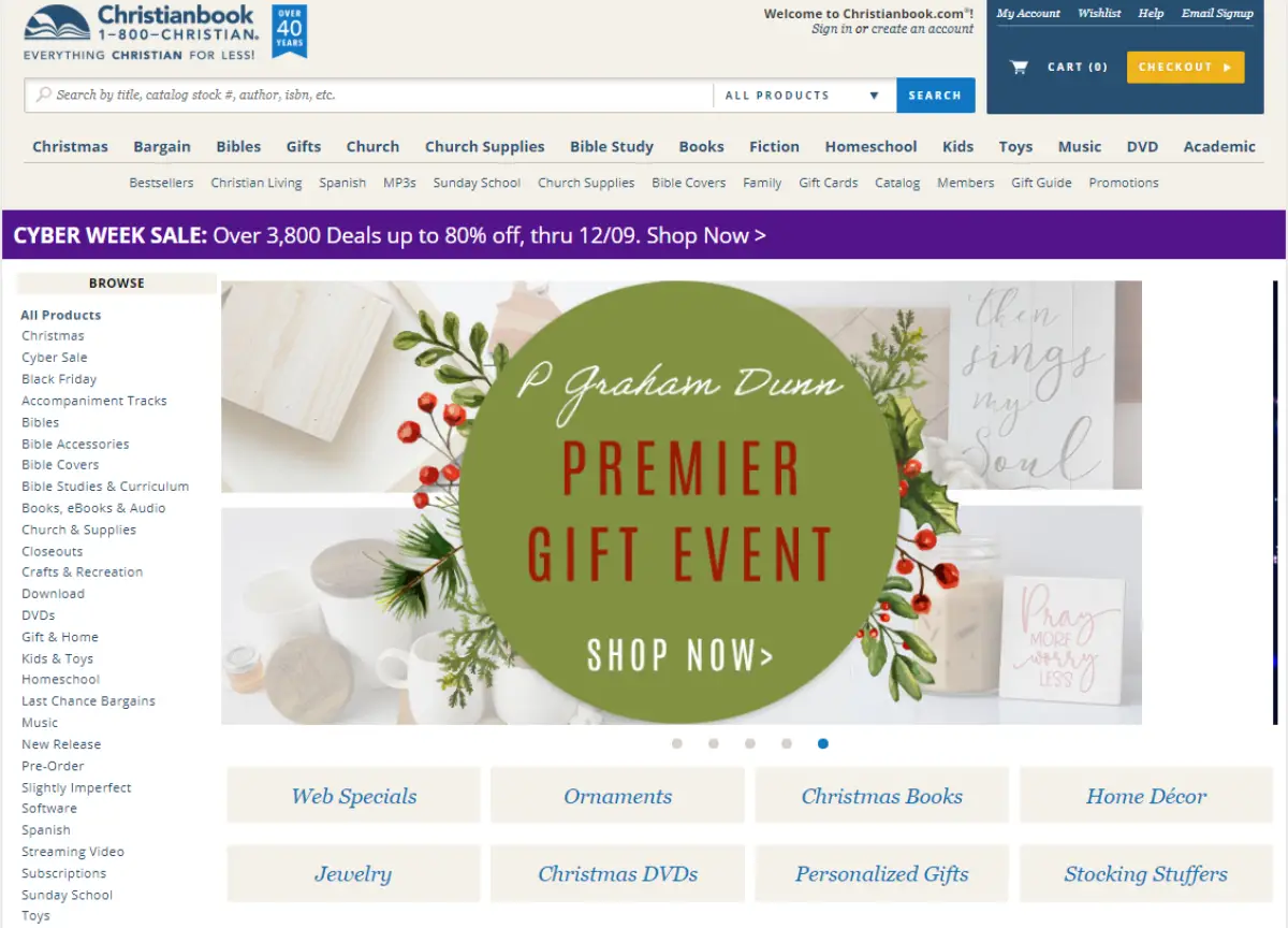 This is a screenshot of the Christian Book website showing the various categories they have including Christian gifts, DVDs, Home Decor, and Jewelry. 
