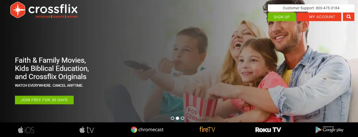This is a screenshot of the Cross Flix website showing a photo of a family steaming TV together. Image icons on display are Apple TV, Chromecast, Roku TV, FireTVm, iOS and Androids so all the Christian movies can be streamed on any device. 