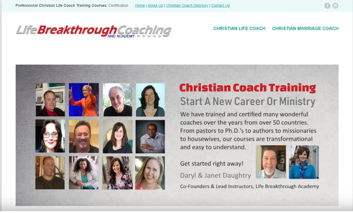 This is a screenshot of the Life Breakthrough Coaching website that provides training for people to start a new career as Christian life coaches. 