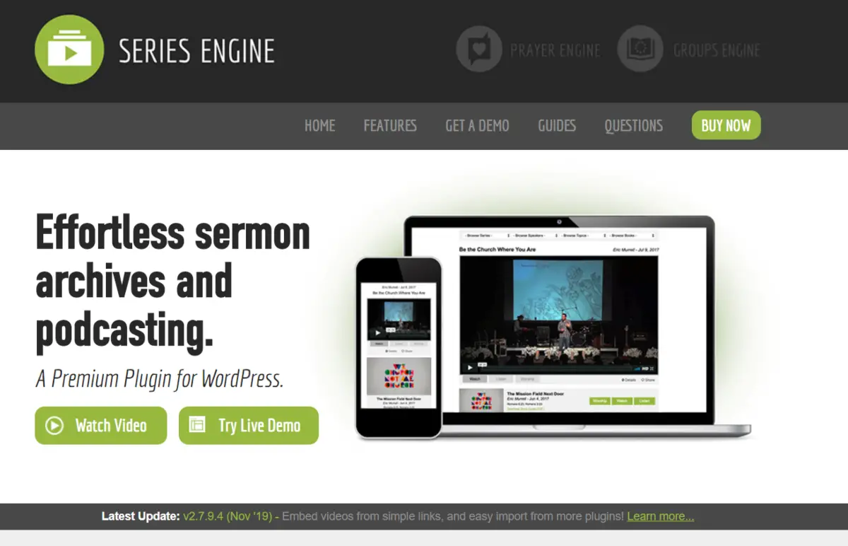 This is a screenshot of the Series Engine website that provides a WordPress plugin for archiving sermons and hosting for church podcasts. 