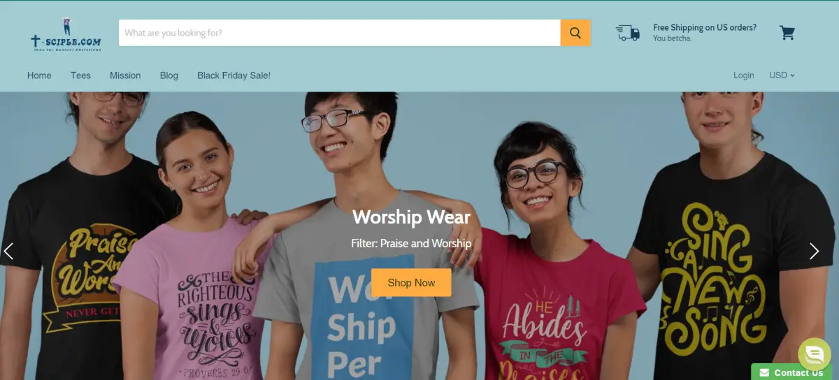 This is a screenshot taken from the T-Sciple Christian tee-shirt store showing a youth group wearing Christian Tees from the Worship Wear category on the store. 