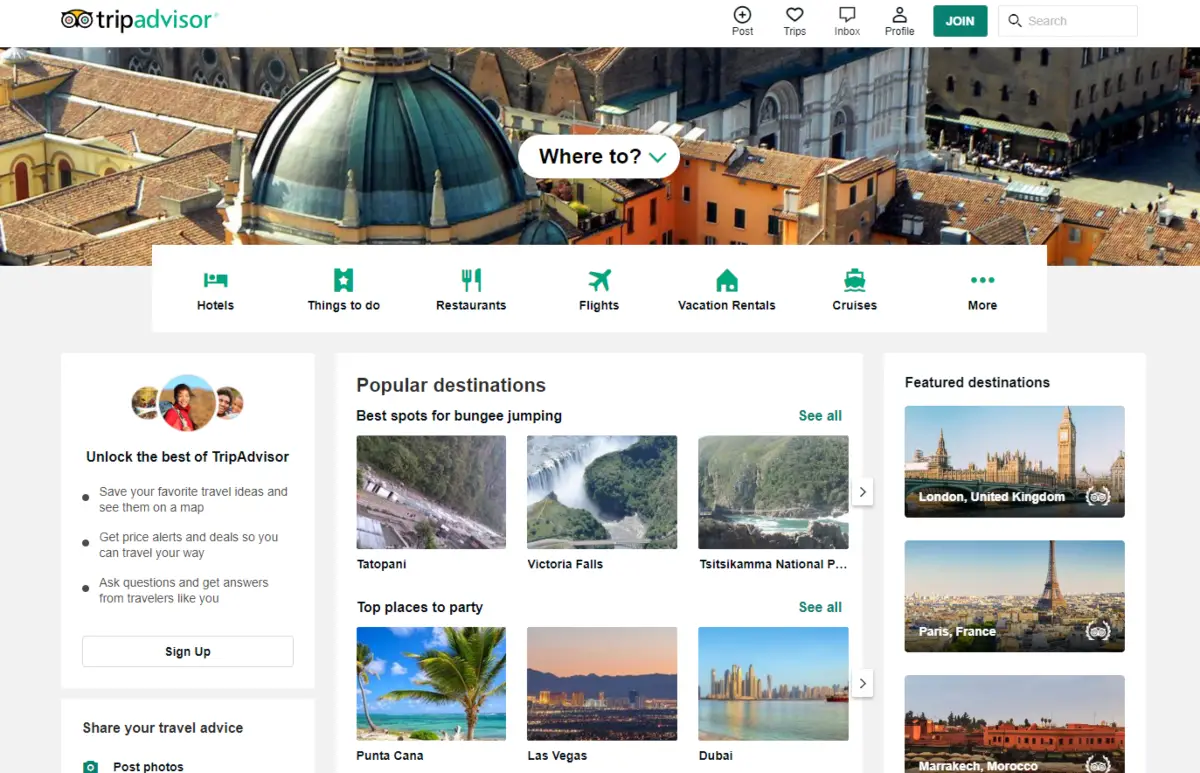 This screenshot is taken from the Trip Advisor US website where people can find travel advice and make hotel room bookings directly on the website.