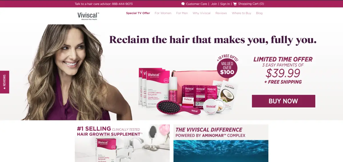 This is a screenshot of the Viviscal.com website where affiliates can refer people to buy quality hair growth supplements.
