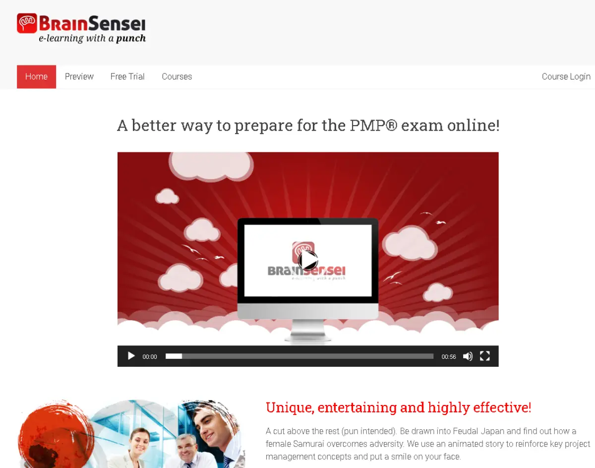 Screenshnot is taken from BrainSensei.com showing they offer a test prep course for the PMP exam, fully online using e-learning.