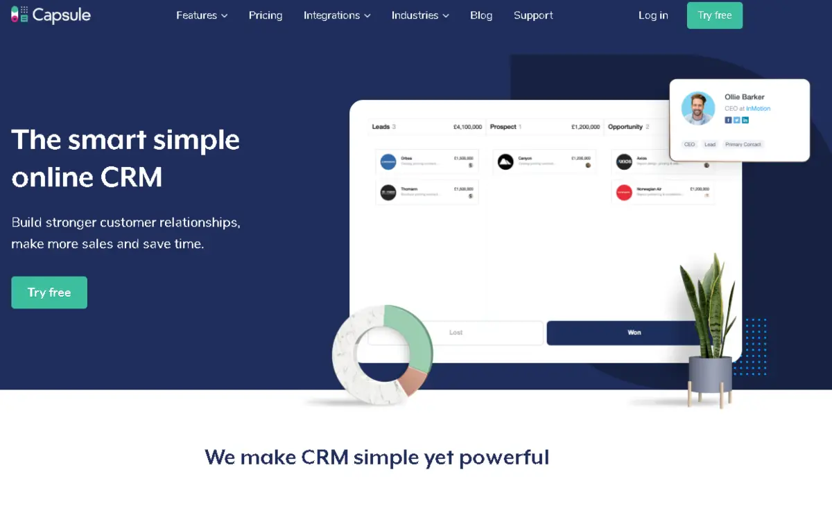 This is a screenshot from the homepage of CapsuleCRM.com where businesses can benefit from their intuitive Customer Relationship Management (CRM) software that's simpler than most alternatives but still with powerful features to impact sales. 