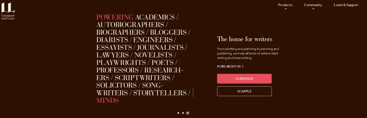 This is  a screenshot from the Literature & Latte website, the creators of Scrivener. The image describes Scrivener as powering writing of all types including in academic writing and used by professors. 