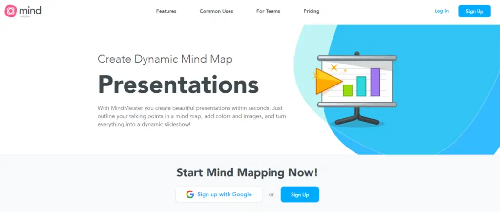 This is a screenshot from the Presentations page of the MindMeister.com website showing the platform can be used to create dynamic mind maps to include as part of a presentations for clearer communication. 