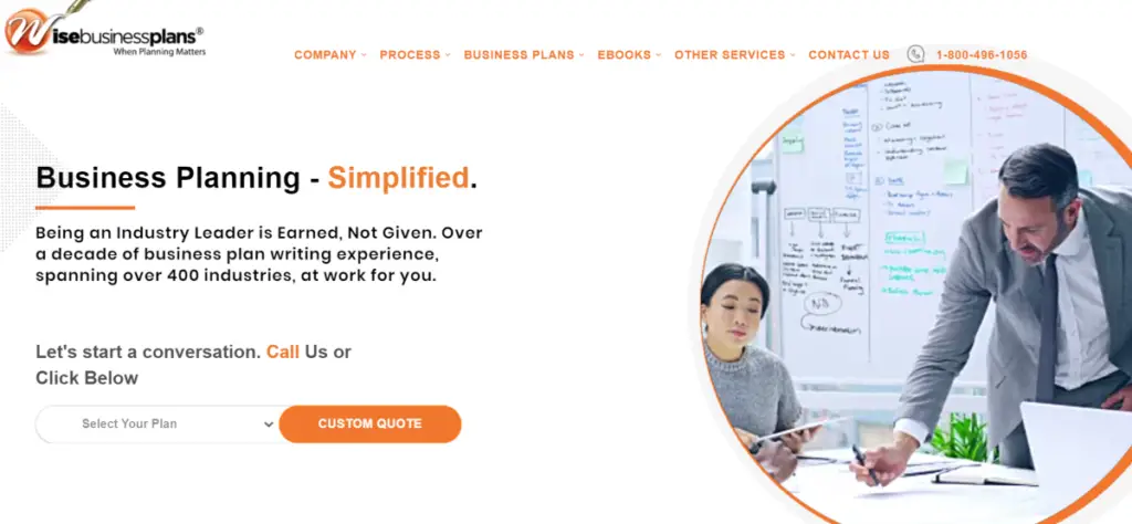 This is a screenshot taken from the WiseBusinessPlans.com website that shows they have experience preparing and writing business plans in over 400 industries.