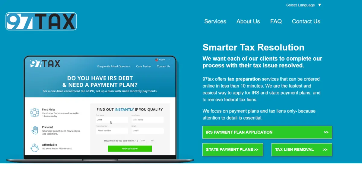This is a screenshot taken  from the home page of 97tax.com showing they provide a tax resolution service for people with IRS debt.