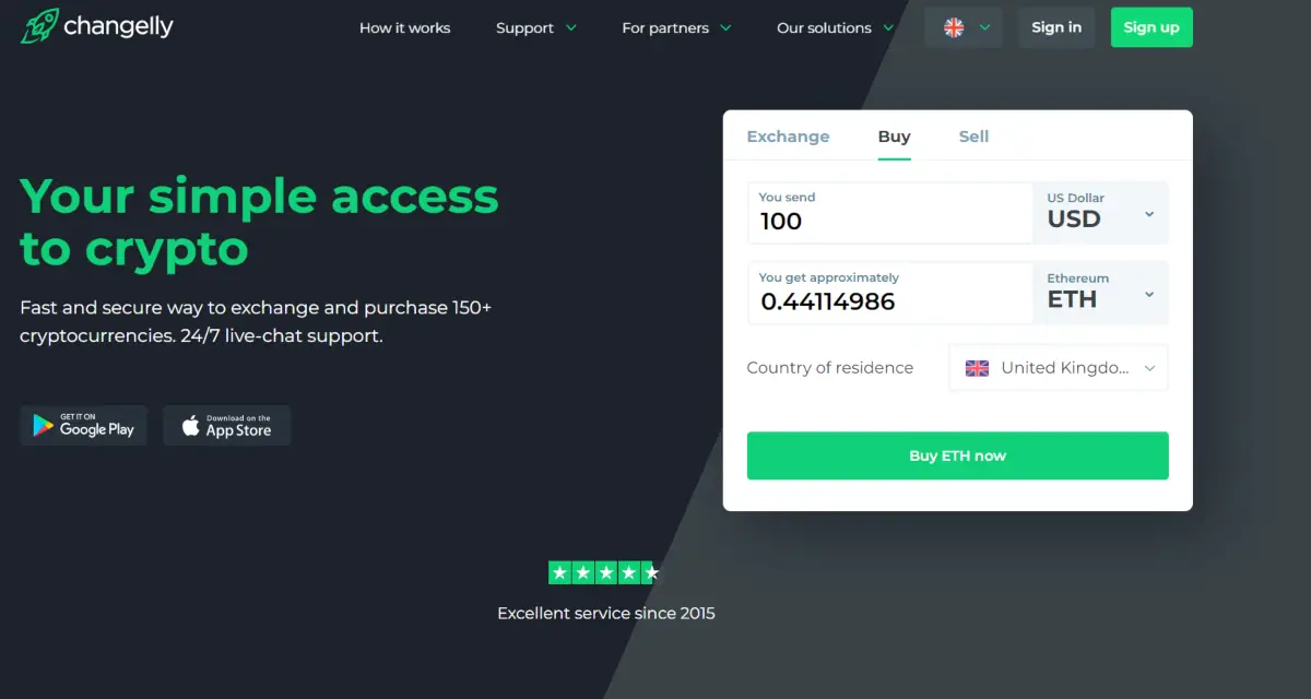 This is a screenshot taken from the Changelly crypto exchange showing a widget on the home page that can be used to instantly trade crypto.