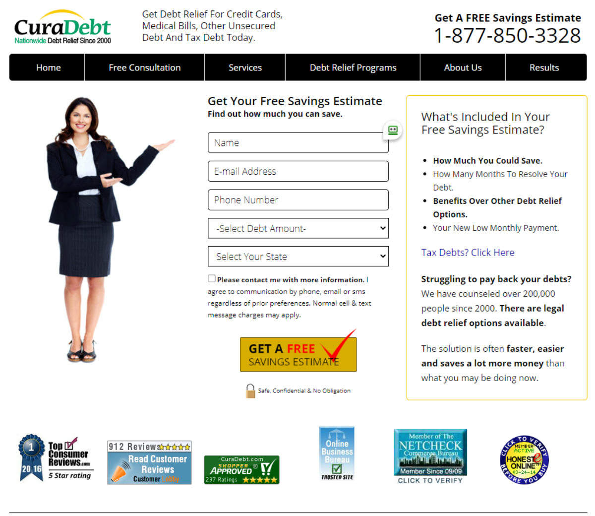 This is a screenshot taken from the Curadebt.com website where people can help with IRS tax debt relief. 